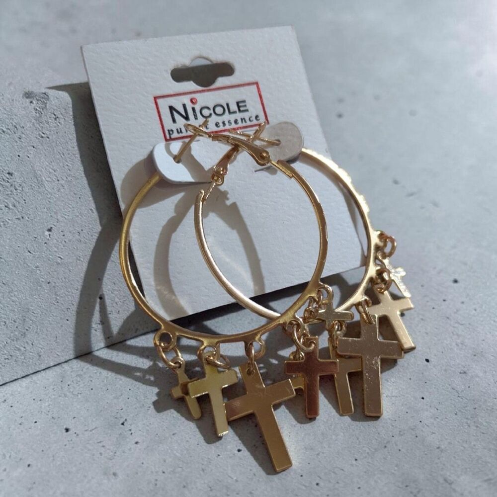 Gold Tone Cross Hoop Earrings, Christian Dangle Earrings, Faith Jewelry, Boho - Picture 3 of 4